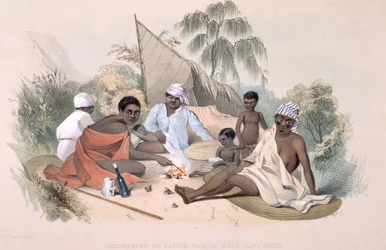 The Aboriginal Inhabitants: Encampment av infödda kvinnor, nära Cape Jervis, från "South Australia Illustrated", publicerad 1847 (handfärgad gravyr)